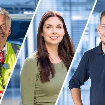 Collage von sieben lächelnden Mitarbeitenden aus unterschiedlichen Berufsgruppen am Flughafen Stuttgart.