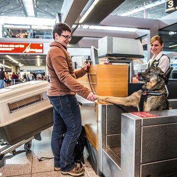 Reisender mit Hund und Transportbox am Check-in-Schalter des Flughafens Stuttgart.